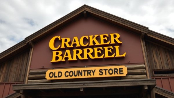Cracker Barrel sign on building facade with cloudy sky backdrop.