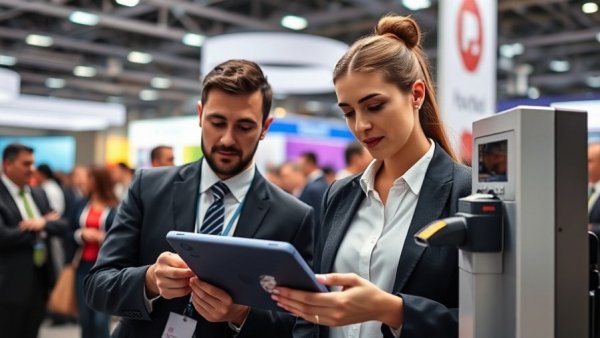 Business professionals discussing smart pump technology at a trade show.