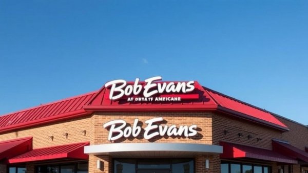 Bob Evans restaurant exterior showcasing prominent logo and brick facade.