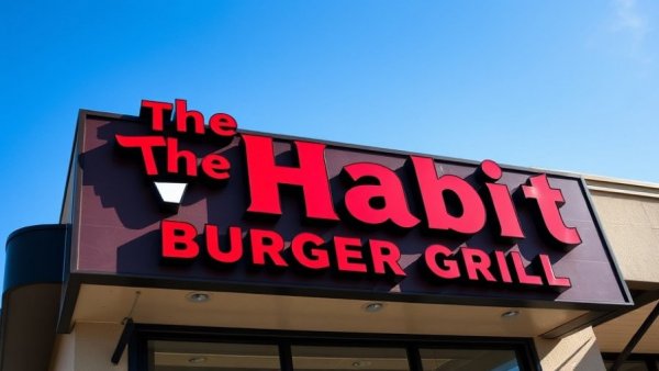 Habit Burger Grill sign, bright exterior under clear sky.