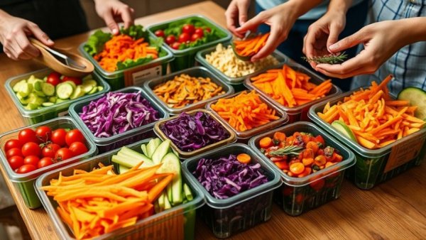 Sweetgreen catering options displayed with fresh salad ingredients on a table.