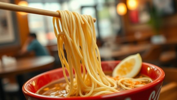 JINYA Ramen Bar Nashville noodles lifted by chopsticks in a vibrant setting.