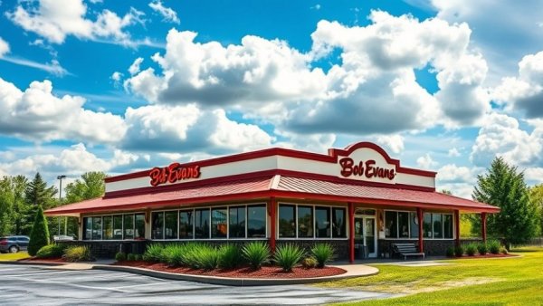 Bob Evans restaurant building under a vibrant sky with green landscaping