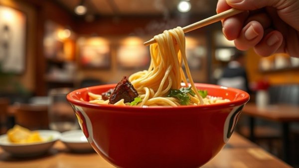 Hand holding ramen noodles at JINYA Ramen Bar Nashville opening.