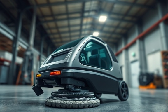 modern cleaning equipment, captured mid-motion, operating smoothly, photorealistic, set in a commercial warehouse environment, highly detailed, dust particles in the air, high dynamic range, vivid tones, artificial lighting from overhead fixtures, shot with a wide-angle lens