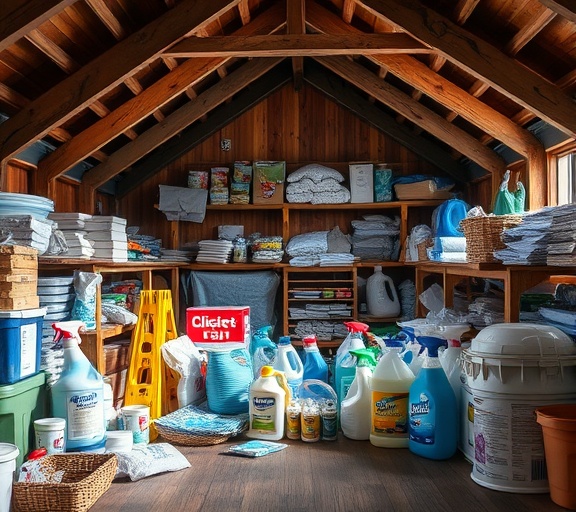 extensive range of residentialcleaning materials, abundant, placed on floor, photorealistic, in an attic storage with wooden beams, highly detailed, shadows cast from rafters, 5K, rustic tones, low ambient light, shot with a 18mm lens.