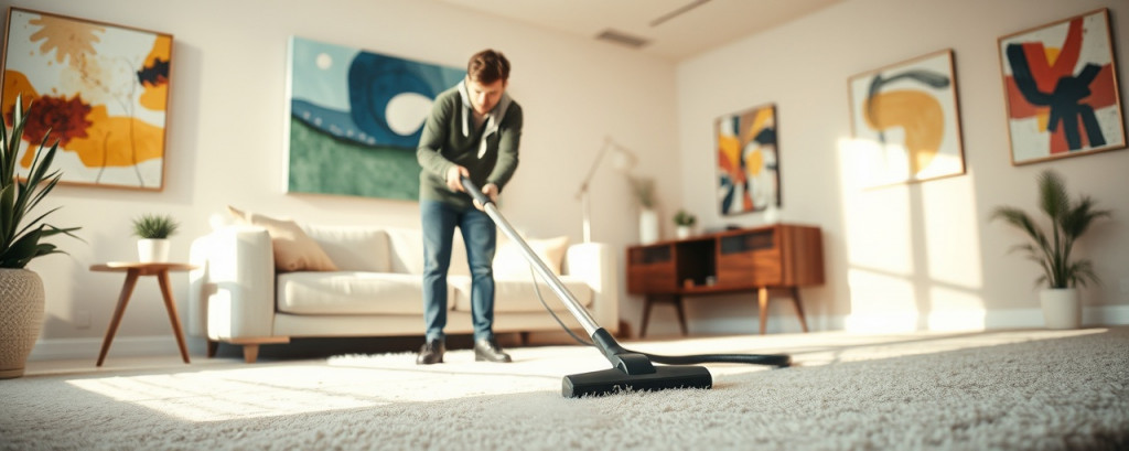 efficient homecleaning, determined, vacuuming the carpet, photorealistic, modern living room with abstract art on walls, highly detailed, dust particles in sunlight, sharp focus, warm tones, overhead lighting, shot with a 35mm lens.