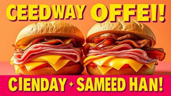 Smoked Ham Comeback promotion with cheddar sandwiches and vibrant design