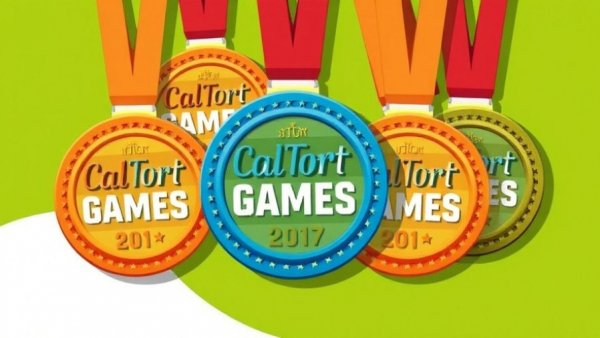 CalTort Games promotion with medals and vibrant colors.