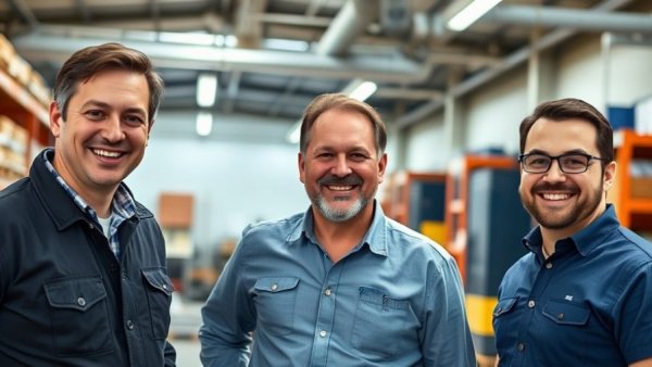Group of three men in HVAC distribution center celebrating 100 years.