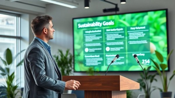 Rheem Sustainability Goals 2035 presentation with speaker at podium.