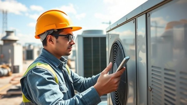 Technician checks HVAC unit on rooftop, addressing labor shortage.