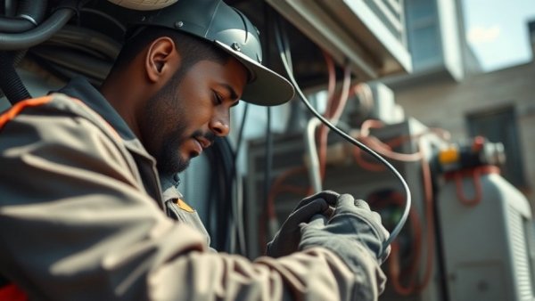 Focused HVAC technician enhancing skills, working on unit wiring.