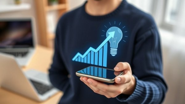 Person holding phone with growth graph and light bulb.