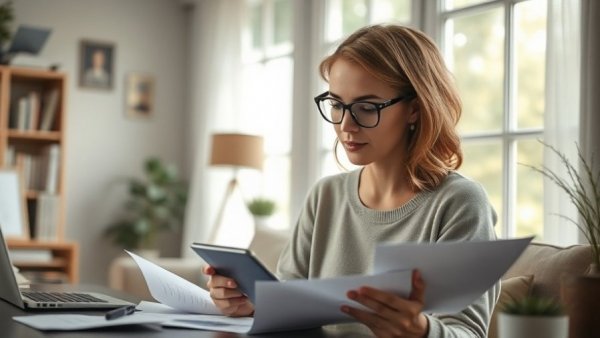 Woman managing bills in home office, delay furnace repair consideration.