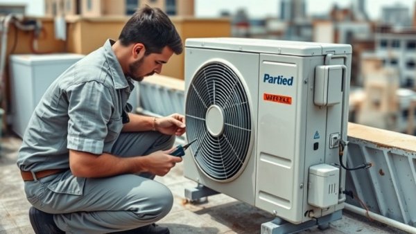 Technician fixing mini-split air conditioner outdoors, natural light