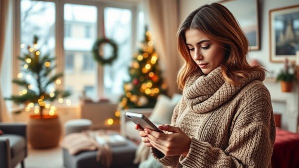 Woman searching 'furnace repair fast' on phone while bundled up with a dog indoors.