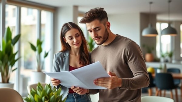 Concerned couple at home discussing documents for HVAC service.