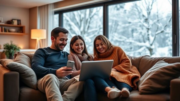 Family in cozy living room with TCL heat pump visible outside, winter scene.