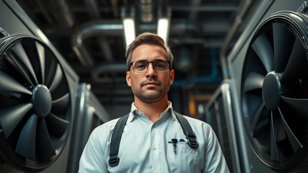 Man presenting HVAC systems with cooling fans.