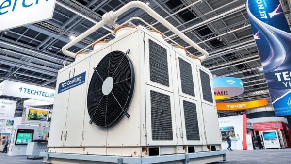 Scalable Cooling Solutions in Data Centers exhibited at tech expo, featuring a large industrial cooling unit.