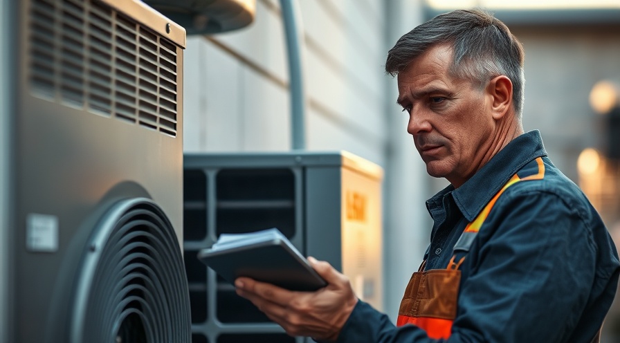 Technician reviewing HVAC compliance and sustainable refrigerants with a concerned expression.