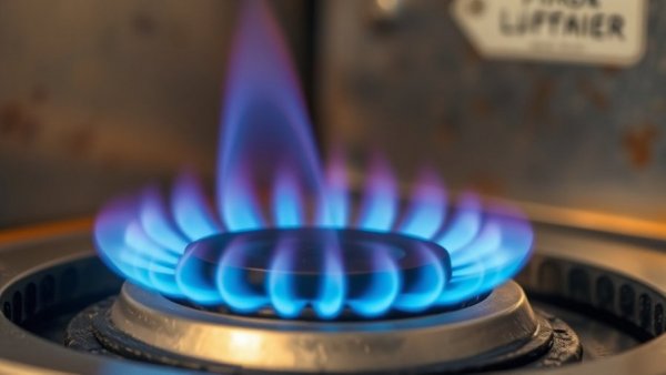 Close-up of blue flame in a gas furnace pilot light.