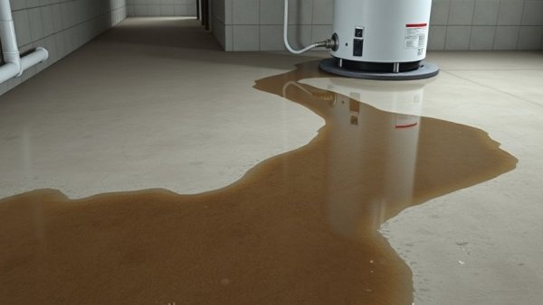 Visible slab leak signs in basement near water heater.