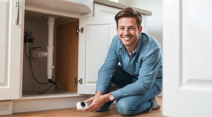Smiling homeowner inspects smart water monitor under sink, ensuring home plumbing automation.