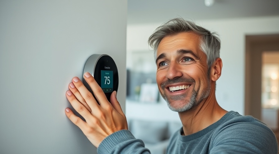 Homeowner enjoying energy savings while adjusting a smart thermostat in a modern living room.
