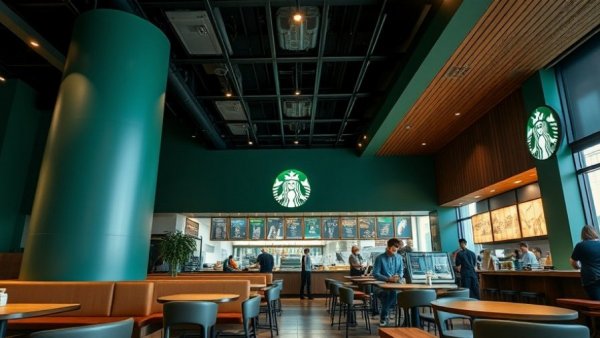 Modern Starbucks interior showcasing cozy seating and display area.