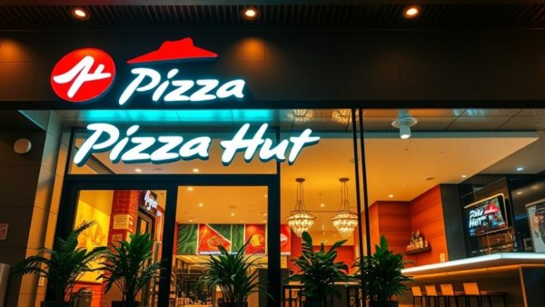 Modern Pizza Hut storefront showcasing vibrant decor and lighting.