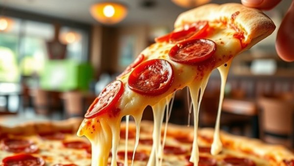 Mountain Mike's Pizza slice with stretchy cheese.