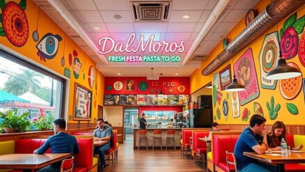 DalMoros Fresh Pasta To Go's vibrant interior features vivid wall art.
