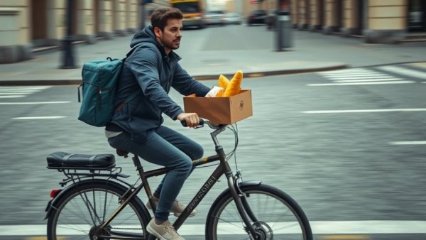 Food delivery cyclist on city street symbolizes food delivery growth.