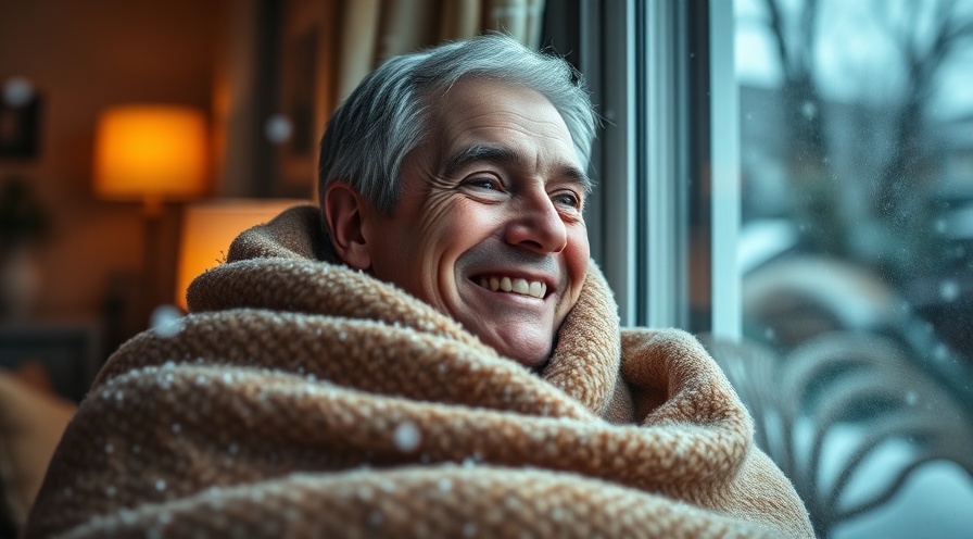 Relieved middle-aged person in a blanket, smiling warmly indoors as snow falls.