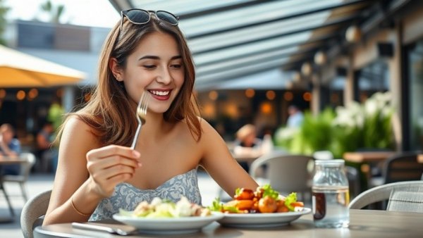 Young woman dining etiquette outdoors, enjoying meal, sunlit ambience.