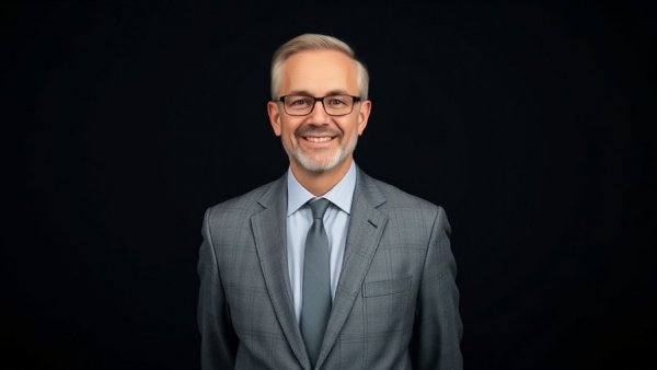 Businessman smiling confidently alongside The Impactor logo