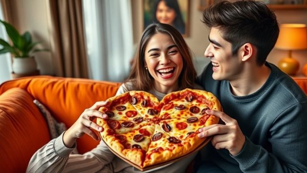 Friends enjoying heart-shaped pizza promotion in cozy setting.