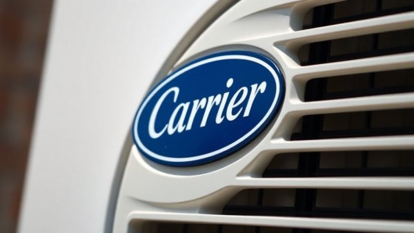Carrier logo on air conditioning unit, vertical vents, industrial design.