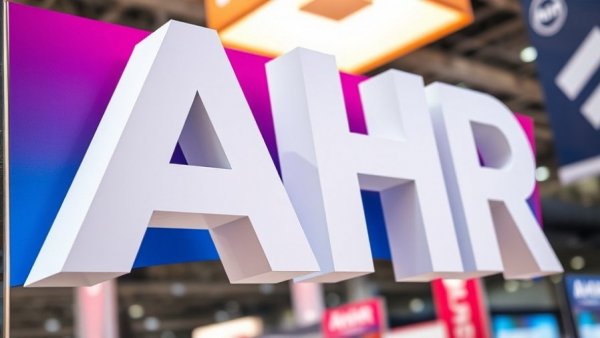 AHR Expo HVACR 2023 modern signage close-up with colorful background.