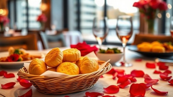 Valentine's Day restaurant meal with biscuits and rose petals.