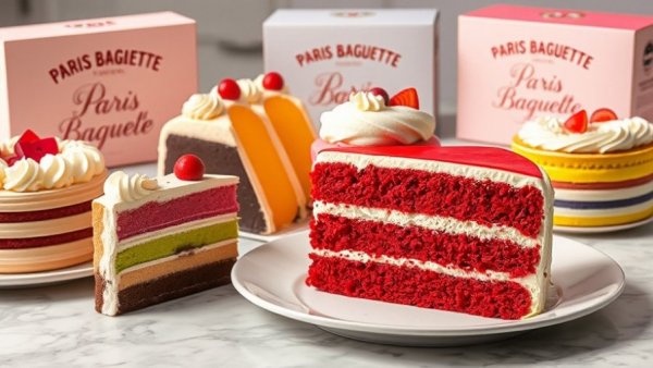 Paris Baguette Vinings Café opening cake display with vibrant cakes.