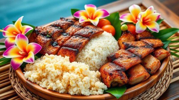Hawaiian comfort food platter with grilled meat and orchids, showcasing franchise growth.
