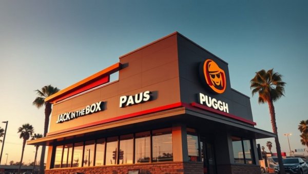 Jack in the Box restaurant exterior with palm trees at sunset.