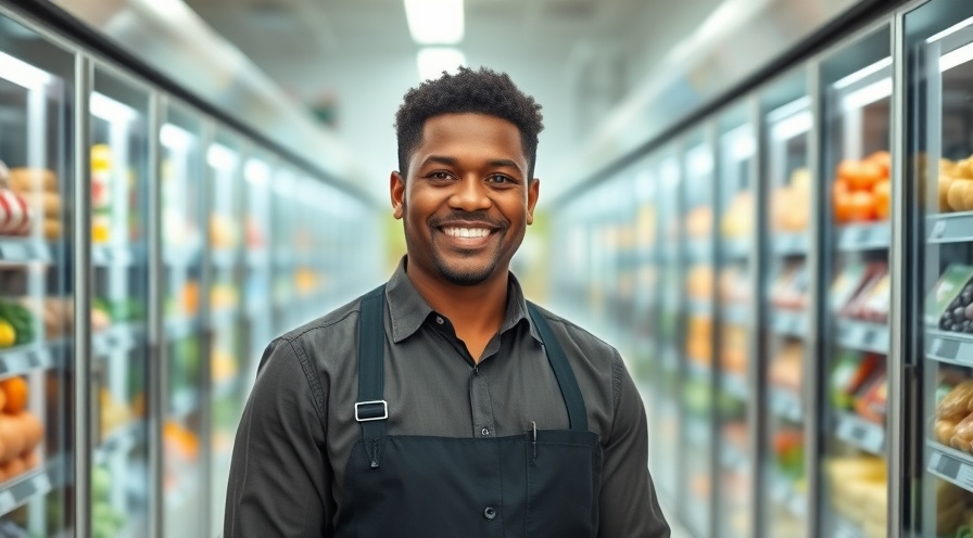 Smiling supermarket manager in front of sustainable refrigeration, showcasing fresh produce.
