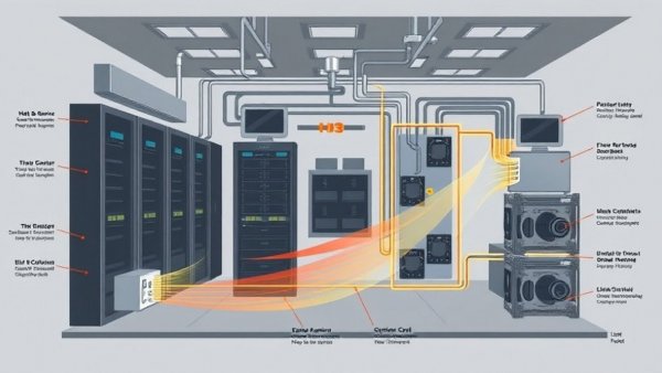 Diagram of server room with ductless HVAC system components.