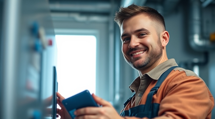 Confident HVAC technician smiling at digital control panel, showcasing HVAC control systems expertise.