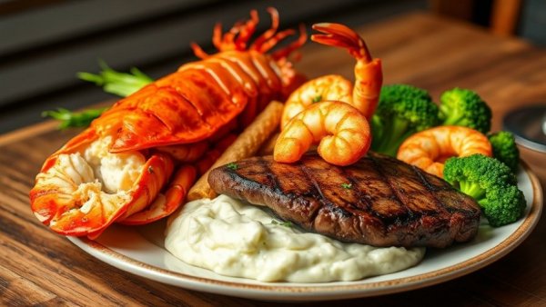 Golden Corral All-You-Can-Eat Lobster Tail and steak dish on wooden table.