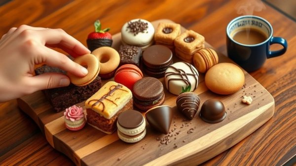 La Madeleine Valentine's Day bakery board with coffee on wooden table.